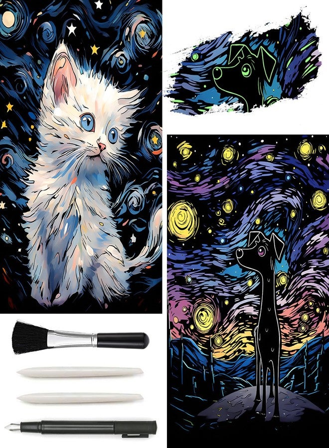 AP ARTSPER 2 Pack Night Glow Scratch Art Rainbow Painting Paper, Magic Glow-in-The-Dark Scraping, Van Gogh Style Creative Craft Set, Fun DIY Toy Sketch Card Scratchboard for Kids, Adults (Dog/Cat) - Image 1